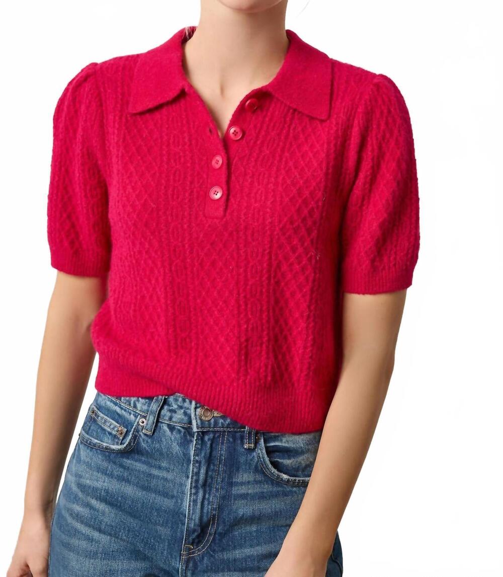 NEW LILLA P mixed stitch elbow sleeve polo in fuchsia